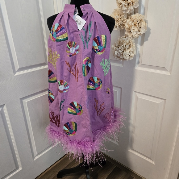 NWT Queen of Sparkles Purple Coral & Shell Feather Tank Dress (S) - Picture 2 of 3